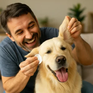 Uomo che pulisce le orecchie del suo Golden Retriever con delicatezza.