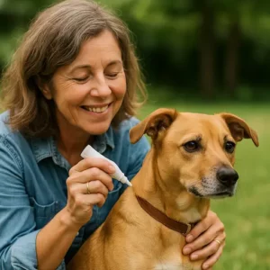 Donna che applica un antiparassitario spot-on sul collo del cane in giardino