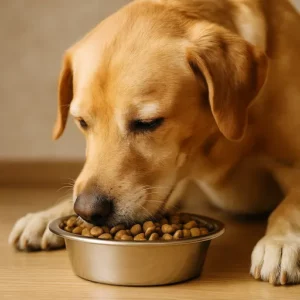 Cane che mangia da una ciotola