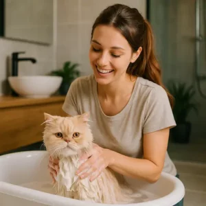 ragazza felice che lava il suo gatto persiano in una vasca bianca