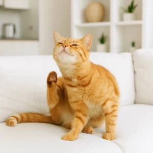gatto che si gratta in un divano bianco