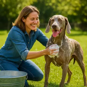 ragazza in un prato erboso che lava un weimaraner
