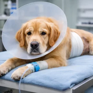 Cane Golden Retriever ricoverato in clinica veterinaria dopo intervento chirurgico allo stomaco, con collare elisabettiano, benda addominale e flebo durante la fase di recupero post-operatorio.