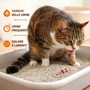 Gatto nella lettiera con postura dolorosa e sangue nelle urine, sintomi tipici della FLUTD felina