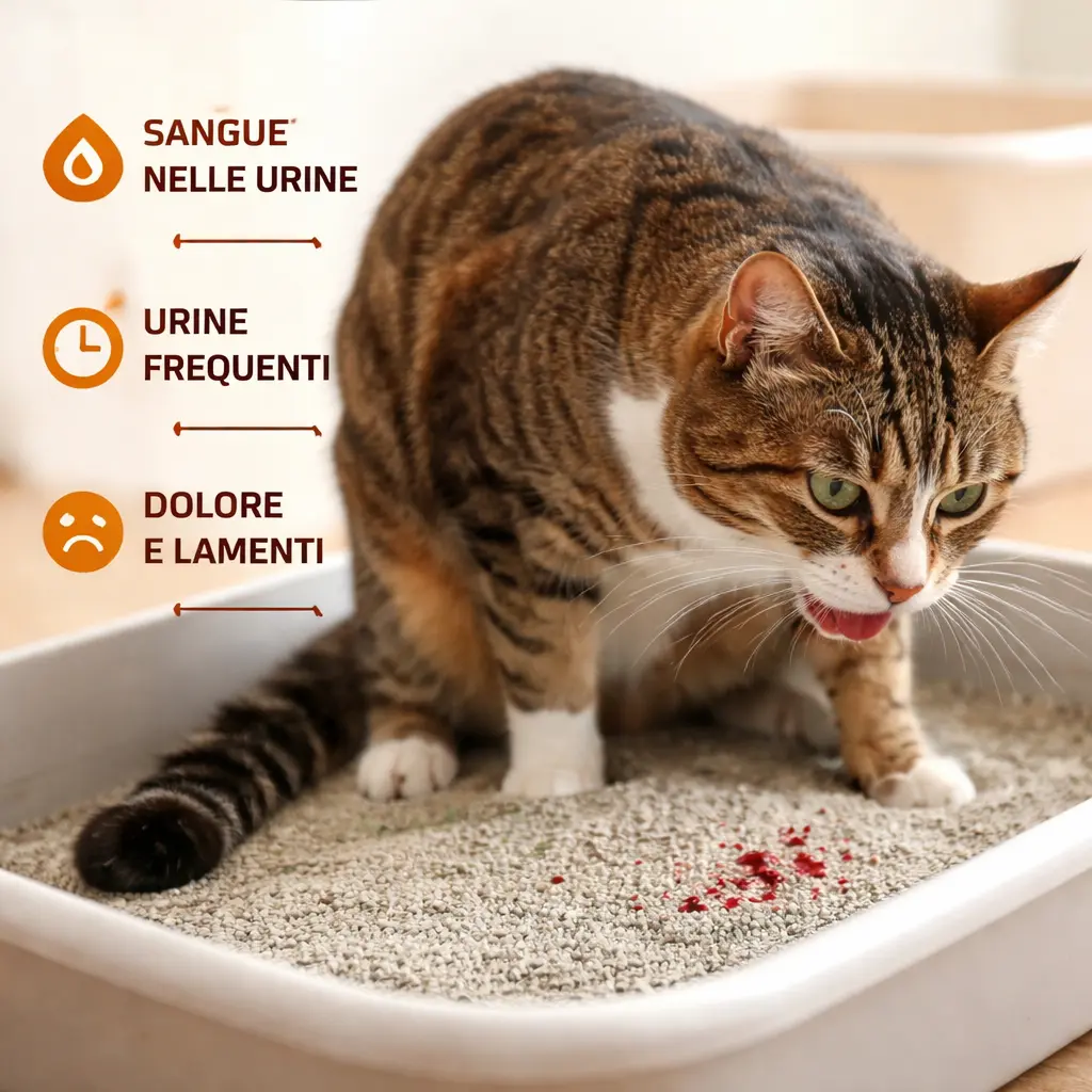 Gatto nella lettiera con postura dolorosa e sangue nelle urine, sintomi tipici della FLUTD felina