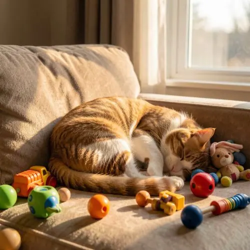 Gatto che dorme nel divano in mezzo ai suoi giochi