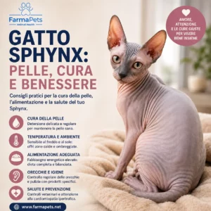 Gatto Sphynx con consigli sulla cura della pelle, alimentazione e temperatura
